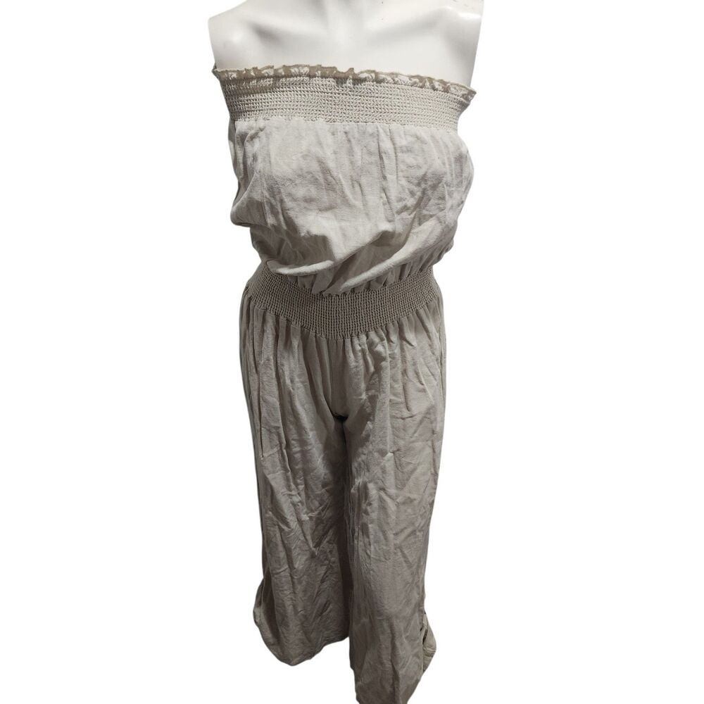 Strapless Boho Jumpsuit Women’s Size L Taupe Smocked Wide‎ Leg USA Made